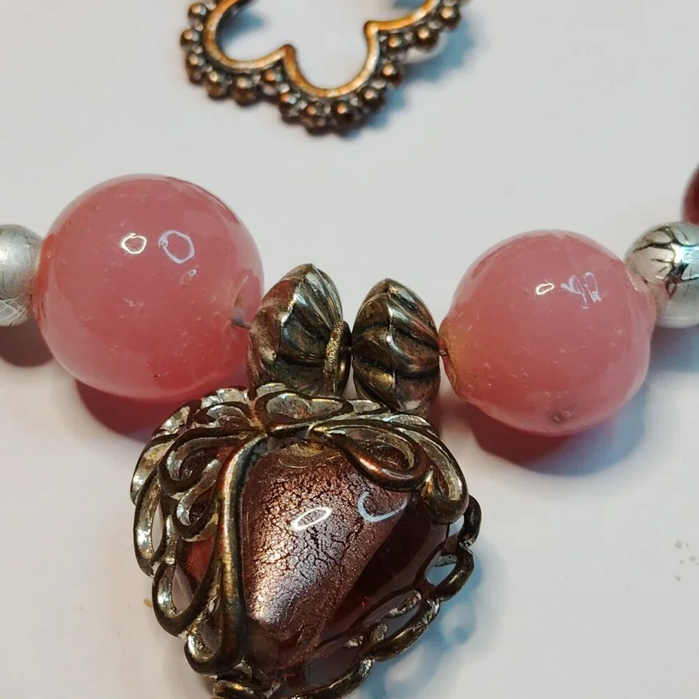 Artisan Made Vintage Pink Glass Bead Necklace Filigree Heart Dangle 19